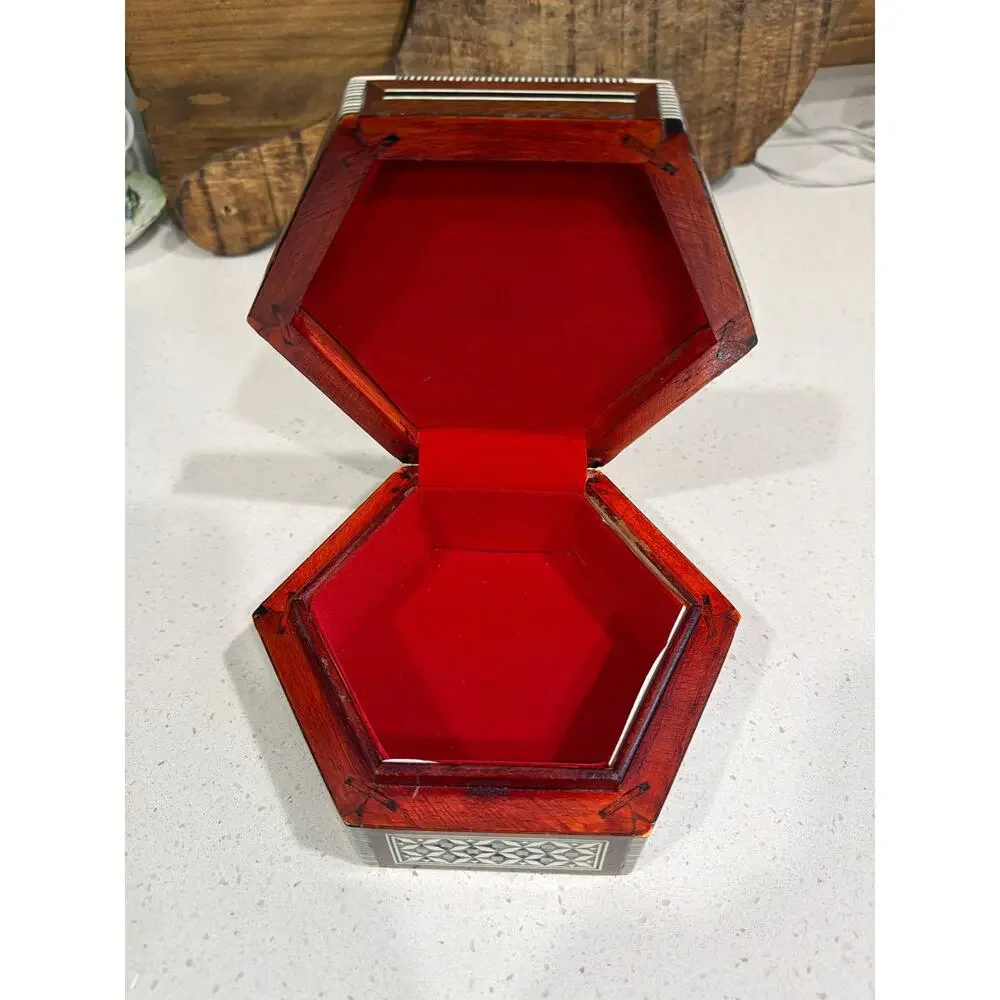 Vintage hexagonal trinket box jewelry box mother-of-pearl mosaic inlay